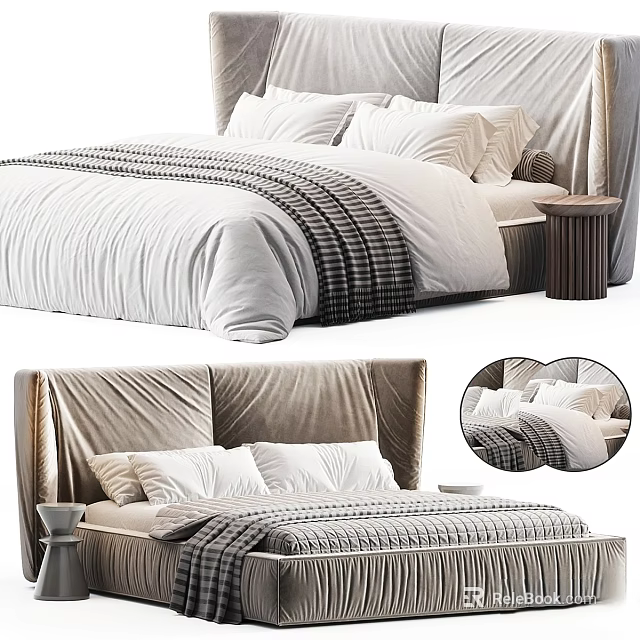 Modern Double Bed With Upholstered Headboard White Linens Pillows And Plaid Blanket 3d model 