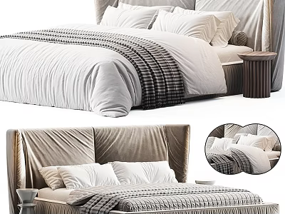 Modern Double Bed With Upholstered Headboard White Linens Pillows And Plaid Blanket 3d model