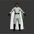 A Man in White Uniform with Black Belt Black Gloves and White Cape on Gray Background