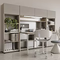 Modern Study Room Interior With Light Gray Bookshelves Writing Desk White Chair And Green Plants