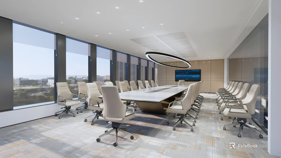 Modern Conference Room Interior With Large Windows Long Table Comfortable Chairs 3d model 