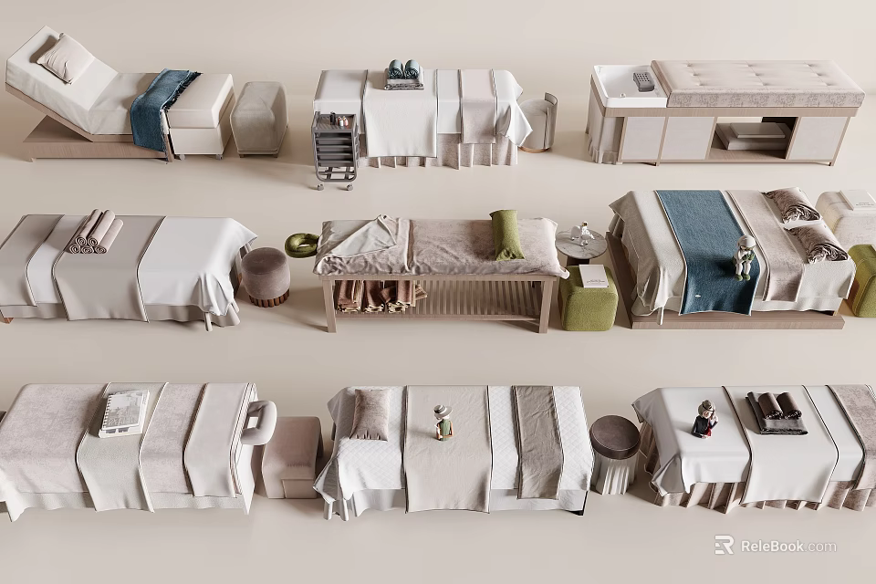 Various Comfortable Massage Beds With Linen Sheets Pillows Blankets And Small Side Tables 3d model 
