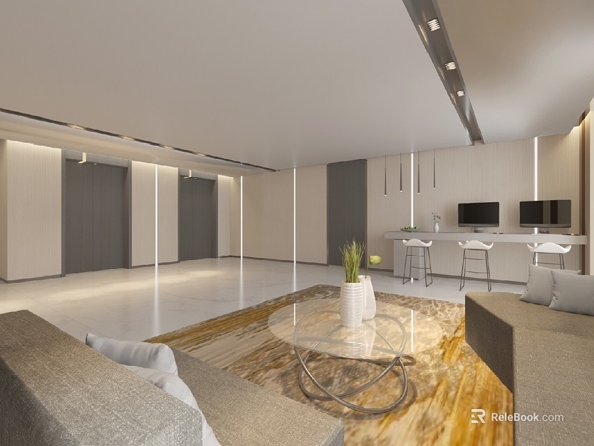 Modern Hotel Public Lounge Area With Comfortable Sofa Glass Coffee Table And Stylish Rug 3d model 