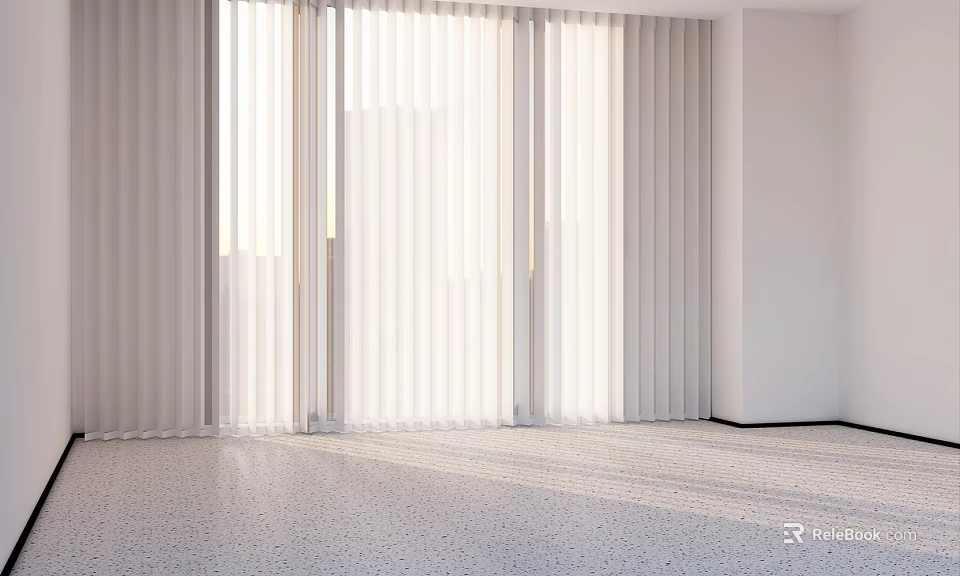 White Blinds Allowing Sunlight To Filter In Spacious Room With Terrazzo Floor 3d model 