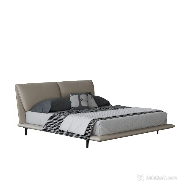 Modern Double Bed With Leather Headboard Gray Pillows Comforter And Black Legs 3d model