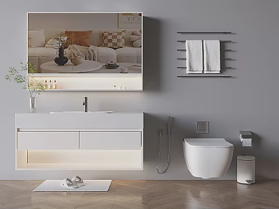 Modern Bathroom Vanity Cabinet With Sink Faucet Mirror Lighting Toilet And Towel Rack 3d model
