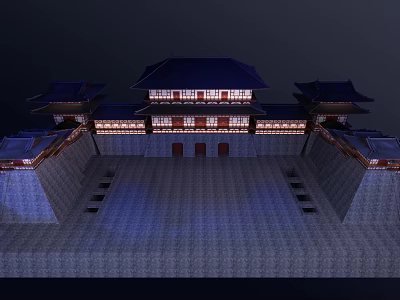Traditional Ancient Chinese Architecture Featuring Classic Roofs Red Doors And Illuminated City Walls 3d model
