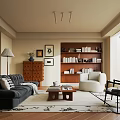 Modern Living Room Interior Design With Black Sofa Wooden Coffee Table And Bookshelf