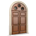 Wooden Double Doors with Arched Stone Frame and Circular Top Windows Classic Design