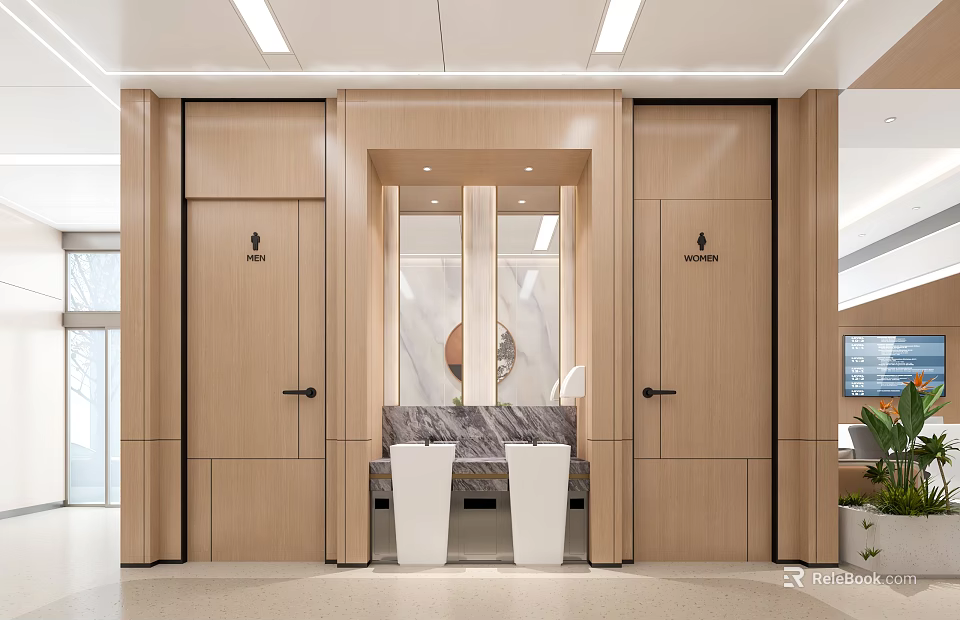 Modern Public Restroom With Wooden Doors Gender Signs Marble Countertop And White Sinks 3d model 