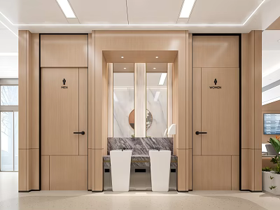 Modern Public Restroom With Wooden Doors Gender Signs Marble Countertop And White Sinks 3d model