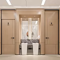 Modern Public Restroom With Wooden Doors Gender Signs Marble Countertop And White Sinks