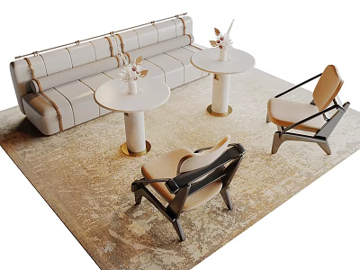Stylish Modern Negotiation Table And Chairs With Round Tops And Vases In Living Area 3d model