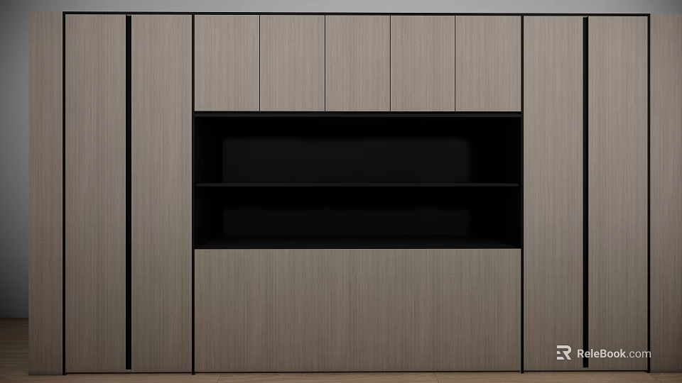 Modern Gray Wood Grain Cabinet With Black Open Shelves And Sleek Design 3d model 