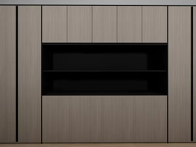 Modern Gray Wood Grain Cabinet With Black Open Shelves And Sleek Design 3d model