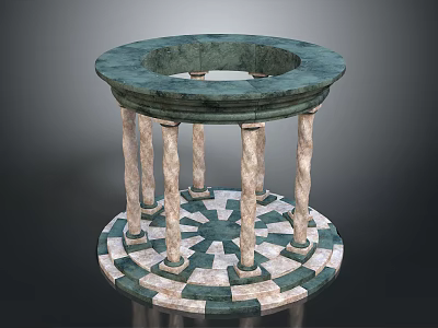Decorative Circular Stone Pedestal With Dark Green Top Column Supports And Checkered Base 3d model