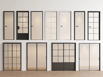 Modern Hinged Doors With Various Glass Grid Patterns And Black White Frame Designs 3d model