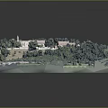Architectural Building Model with Complex Structures Surrounded by Lush Trees and Greenery