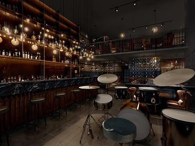 Stylish Bar Interior With Bar Counter Stools Drums Wine Racks And Hanging Lights 3d model