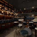 Stylish Bar Interior With Bar Counter Stools Drums Wine Racks And Hanging Lights