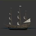 Vintage Sailing Ship With White Full Sails And Wooden Hull On Blue Water