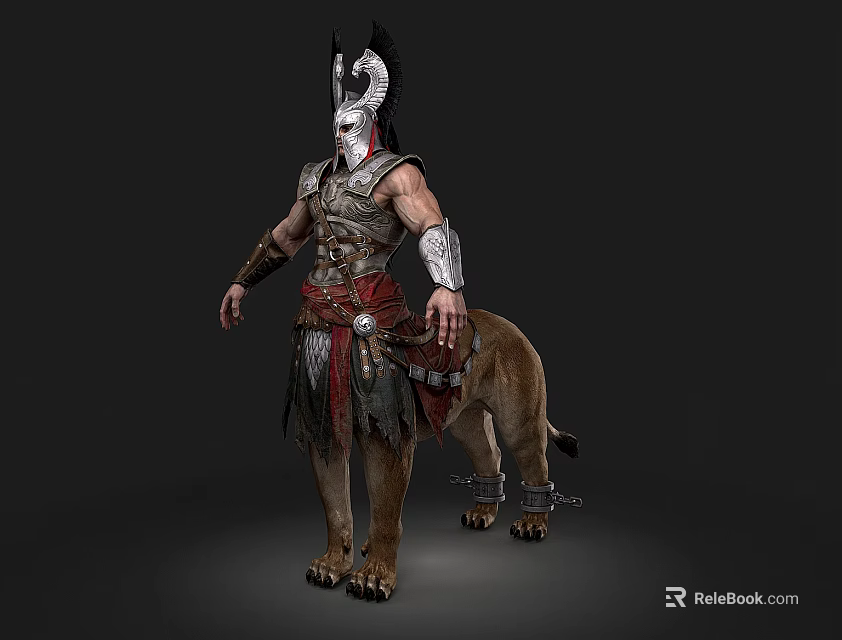 Mythological Lion With Chained Legs Standing Beside Armored Warrior In Ancient Armor 3d model 