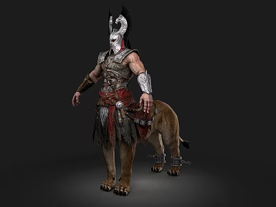 Mythological Lion With Chained Legs Standing Beside Armored Warrior In Ancient Armor 3d model