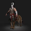 Mythological Lion With Chained Legs Standing Beside Armored Warrior In Ancient Armor