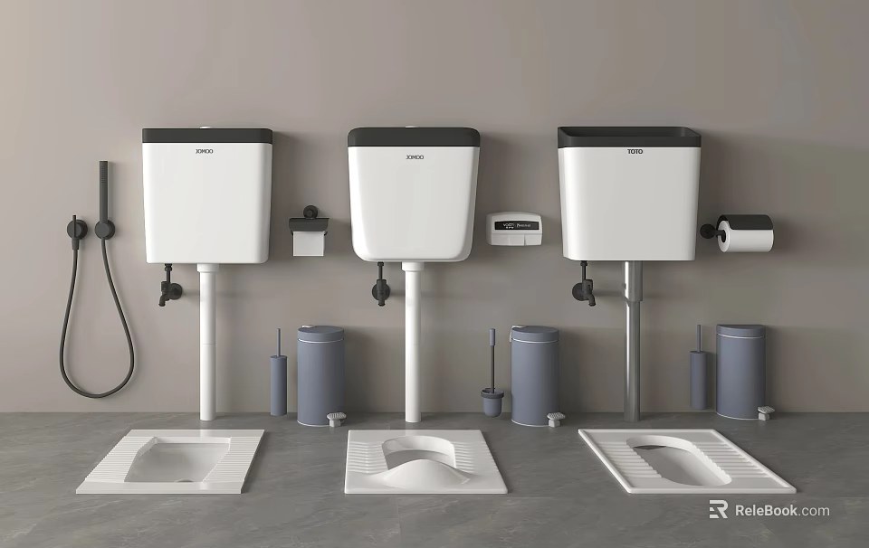 Three Modern Toilets With Water Tanks And Toilet Brushes On Gray Floor 3d model 