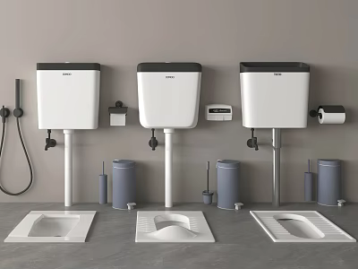 Three Modern Toilets With Water Tanks And Toilet Brushes On Gray Floor 3d model