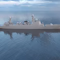 Gray Warship Sailing on Calm Blue Sea With Radar Antennas and Superstructure