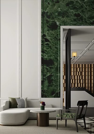 Hotel Public Lounge Featuring Green Marble Accent White Walls And Cozy Seating 3d model
