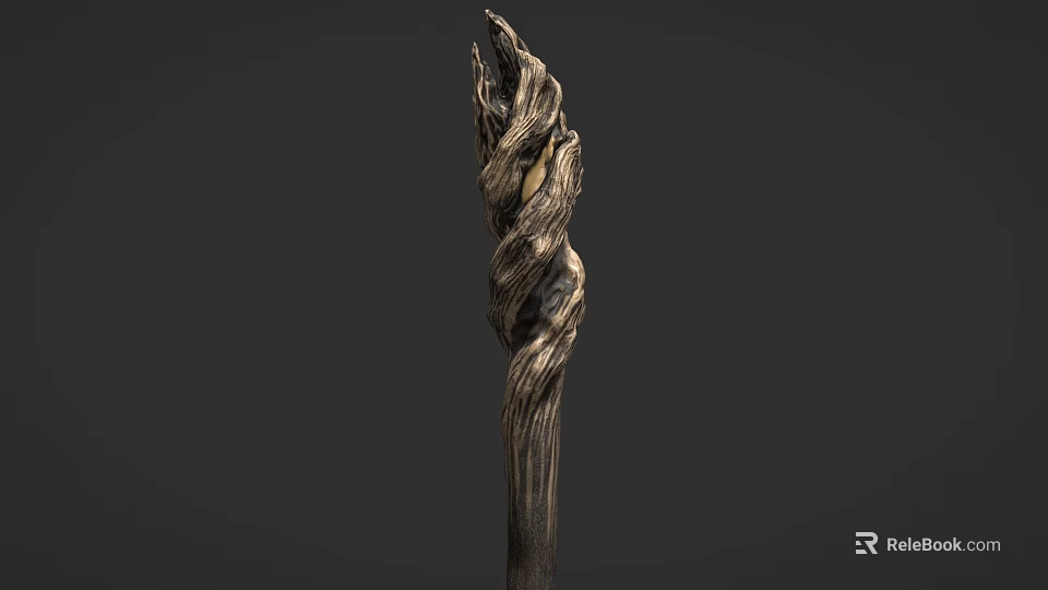 Ancient Magical Weapon With Twisted Wooden Texture And Flaming Top Design 3d model 