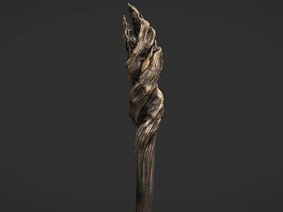 Ancient Magical Weapon With Twisted Wooden Texture And Flaming Top Design 3d model