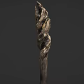 Ancient Magical Weapon With Twisted Wooden Texture And Flaming Top Design
