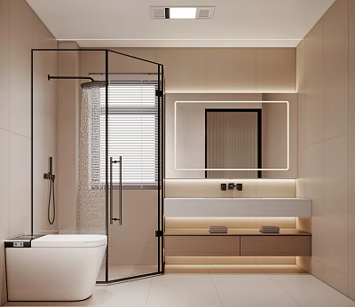 Modern Bathroom Interior Design With Glass Shower Enclosure Backlit Mirror And Under Mount Sink Vanity 3d model