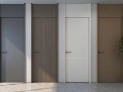 Modern Interior Design Showcasing Various Wooden Gray And White Hinged Doors 3d model