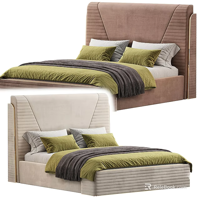 Modern Double Bed Interior With Green Grey Bedding And Upholstered Headboard 3d model