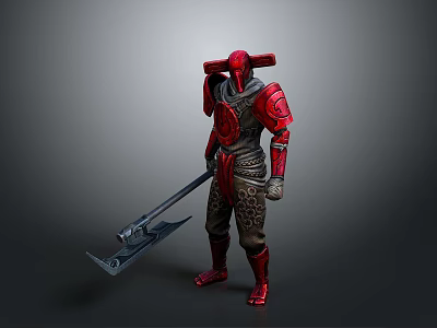 Armored Warrior Character In Red Armor With Large Battle Axe And Intricate Design 3d model