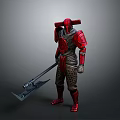 Armored Warrior Character In Red Armor With Large Battle Axe And Intricate Design