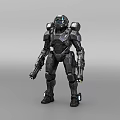 Game and Movie Character Black Armored Robot with Helmet and Weapons in Sci Fi Style