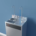 Floor Standing Stainless Steel Water Dispenser With Dual Taps And Display Against Blue Wall