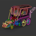 Vintage Steampunk Mechanical Carriage with Dark Metal Roof Windows Glowing Headlights and Exhaust Pipe