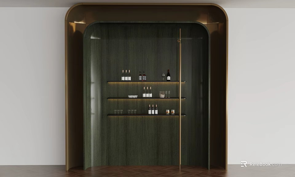 Elegant Dark Green Wooden Wine Cabinet With Golden Frame Glass Door And Shelves Holding Wine Bottles 3d model 