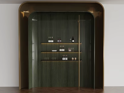 Elegant Dark Green Wooden Wine Cabinet With Golden Frame Glass Door And Shelves Holding Wine Bottles 3d model