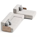 Modern Light Gray Sectional Sofa Upholstered In Fabric With Wooden Armrests And Geometric Pillows