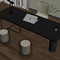 Modern Black Desk with Laptop Table Lamp Vase Plant and Wicker Stools