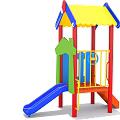 Colorful Playground Equipment with Slides Canopy Roof Red Posts Blue Railings for Kids