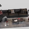 Modern Black Leather Sofa and Coffee Table Set with Throw Pillows Area Rug Side Table 3d model