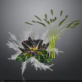 Colorful Flower With White Feather Decorations And Green Long Stemmed Plants In Dark Background